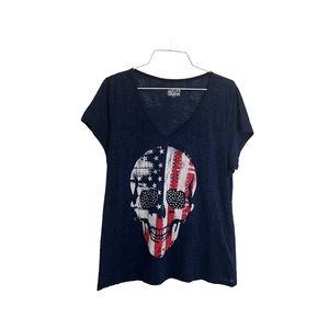 Made in USA Navy Blue Skull American Flag Burnout Short Sleeve Shirt Juniors XL
